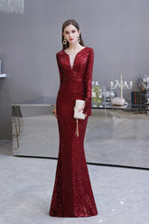 Gorgeous Sequins Long Sleeve V-Neck Mermaid Evening Gowns-27dress